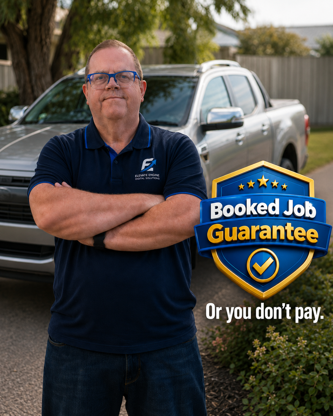Frank from Elevate Engine Digital Solutions with the Booked Job Guarantee badge