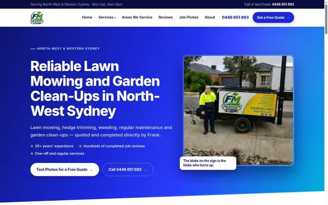 FM Garden Services website homepage, a North-West Sydney gardening business